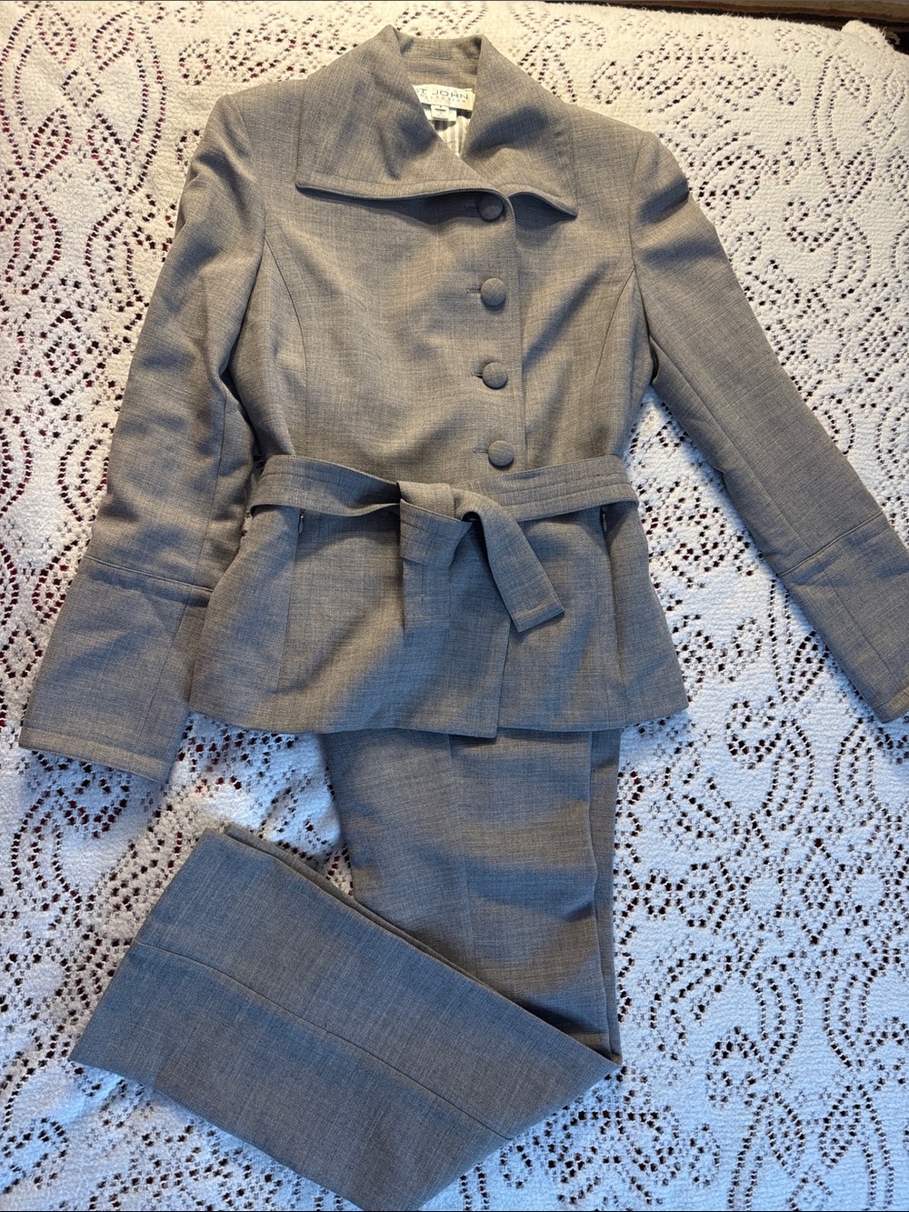 St. John Collection Gray Tailored Belted Blazer Suit